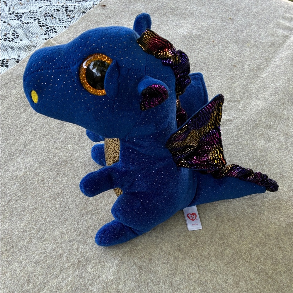 Ty Deep Blue Sparkle Dragon Plush with Gold Belly and Shiny Eyes
